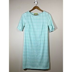 Elizabeth McKay Women XS Mint Green Greek Key Geometric Shift Dress Short Sleeve